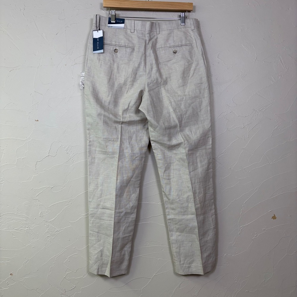 New Perry Ellis Portfolio Linen Pants Mens 32x30 Beige Flat Front Dress Trousers - Picture 2 of 12